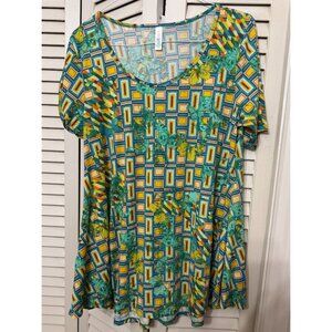 LuLaRoe Perfect Tee Misses Green Yellow Butterfly Geo Print Tunic Shirt Top L